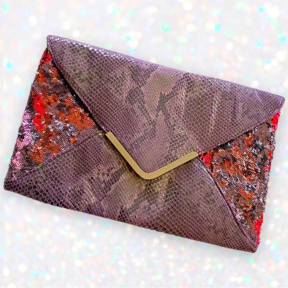 Big Buddha Purple Snakeskin & Sequin Large Clutch Purse